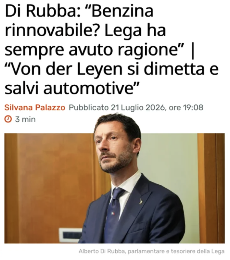 Di Rubba: “Benzina rinnovabile? Lega ha sempre avuto ragione” | “Von der Leyen si dimetta e salvi automotive”